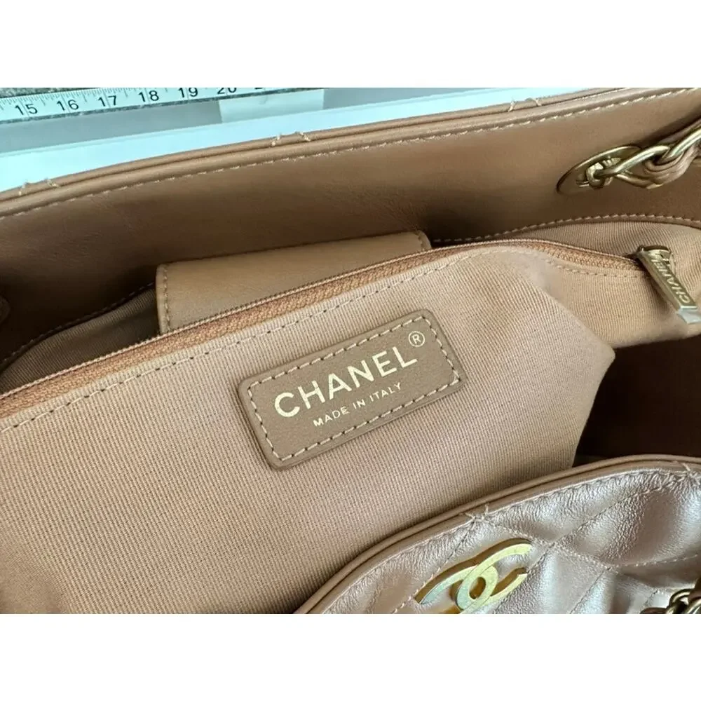 Chanel CC Chain Tote Quilted Leather Tan Brown Handle Purse Full Set & Box 2021